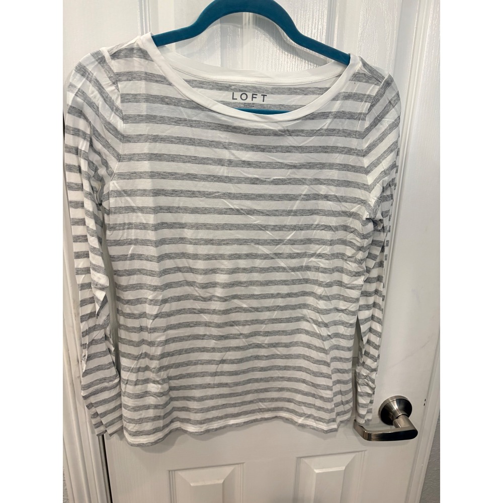 LOFT Long Sleeve Tee White Grey Striped Cotton Modal Knit Crewneck Shirt